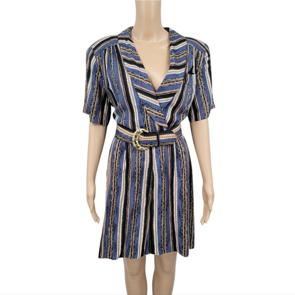 Jump Vintage Striped Blue Tan and Black Belted Romper Women's Large